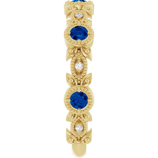 14K Yellow Natural Lab-Grown Blue Sapphire & .03 CTW Natural Diamond Leaf Ring