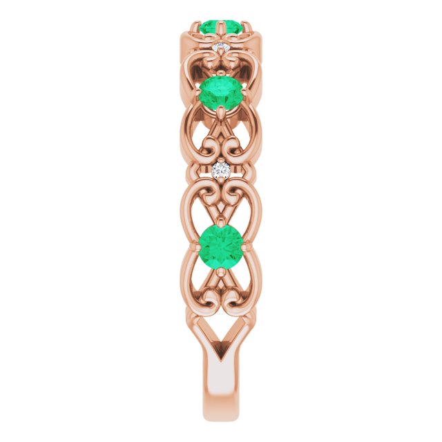 14K Rose Lab-Grown Emerald & .02 CTW Natural Diamond Scroll Ring