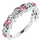 14K White Natural Pink Tourmaline & .02 CTW Natural Diamond Scroll Ring