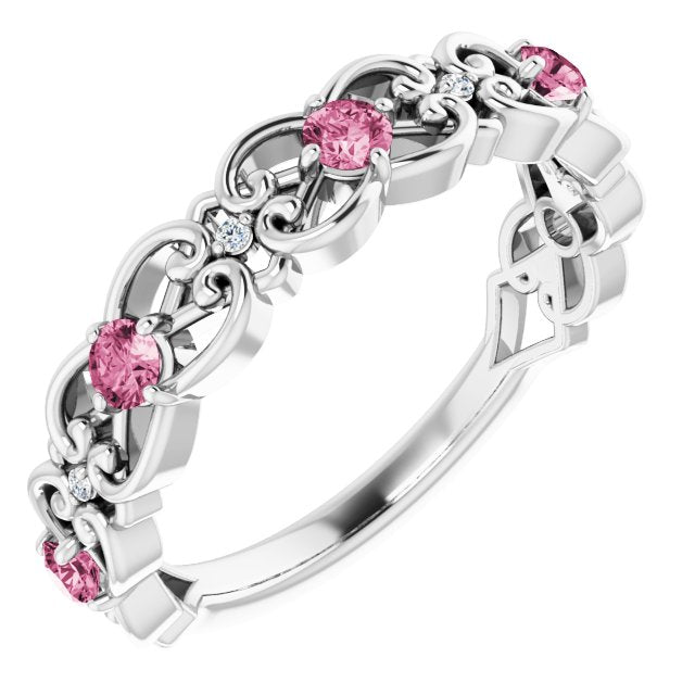 14K White Natural Pink Tourmaline & .02 CTW Natural Diamond Scroll Ring
