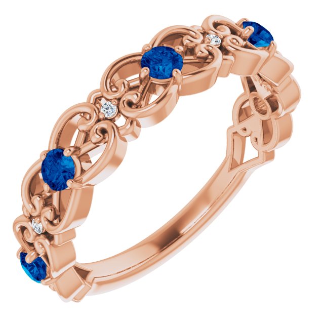 14K Rose Lab-Grown Blue Sapphire & .02 CTW Natural Diamond Scroll Ring