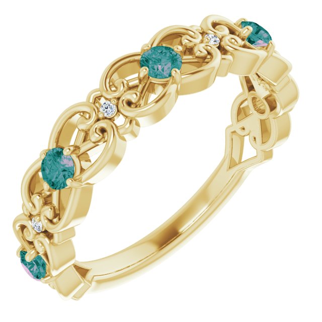 14K Yellow Lab-Grown Alexandrite & .02 CTW Natural Diamond Scroll Ring