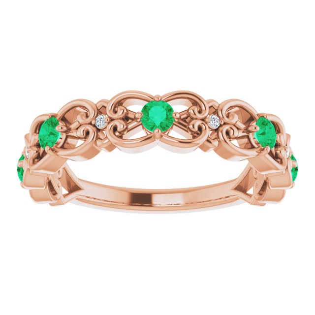 14K Rose Lab-Grown Emerald & .02 CTW Natural Diamond Scroll Ring