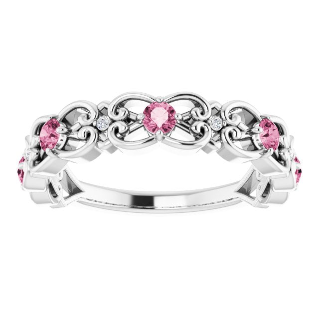 14K White Natural Pink Tourmaline & .02 CTW Natural Diamond Scroll Ring