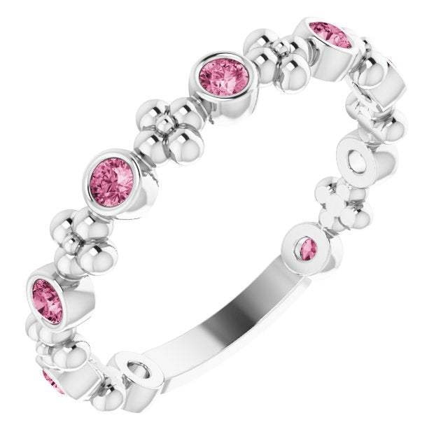 Sterling Silver Natural Pink Tourmaline Beaded Ring