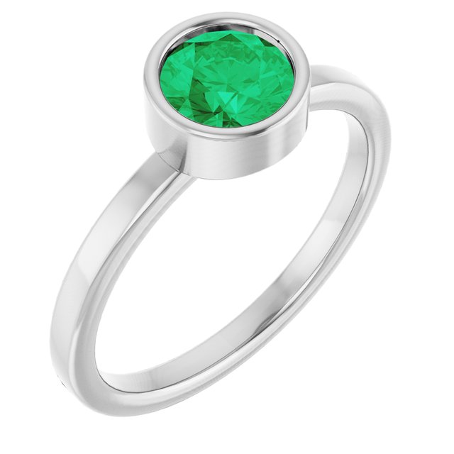 14K White 6 mm Lab-Grown Emerald Ring
