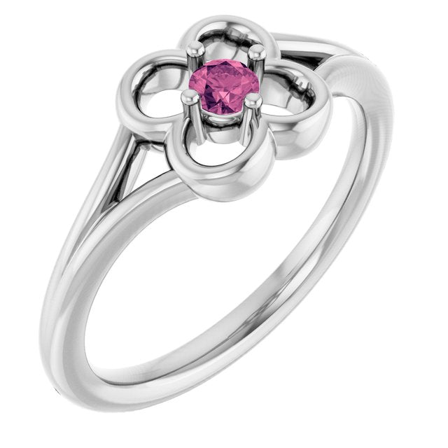 14K White Natural Pink Tourmaline Youth Flower Ring
