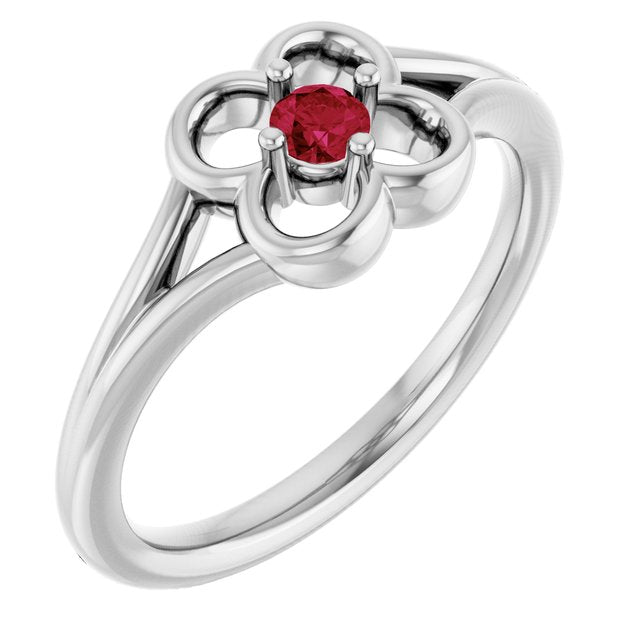 14K White Natural Ruby Youth Flower Ring