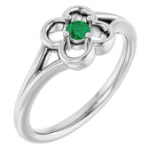 14K White Natural Emerald Youth Flower Ring