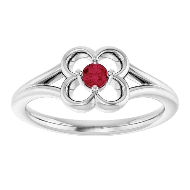 14K White Natural Ruby Youth Flower Ring