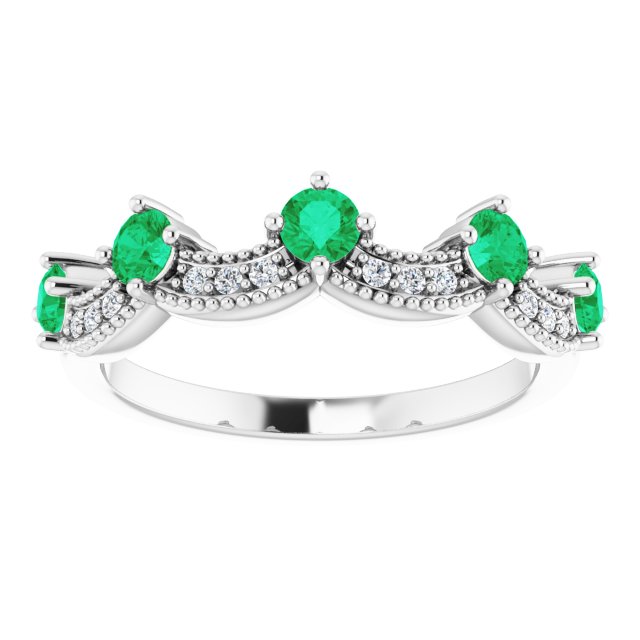 14K White Lab-Grown Emerald & .05 Natural Diamond Crown Ring
