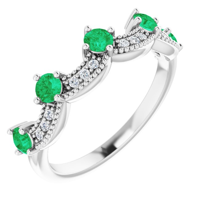 14K White Lab-Grown Emerald & .05 Natural Diamond Crown Ring