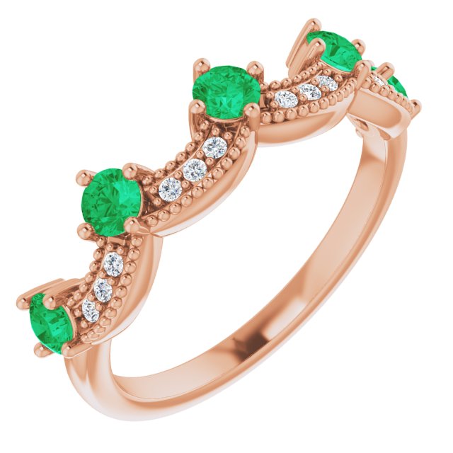 14K Rose Lab-Grown Emerald & .05 Natural Diamond Crown Ring