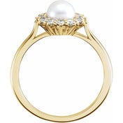 14K Yellow Cultured White Freshwater Pearl & 3/8 CTW Natural Diamond Ring