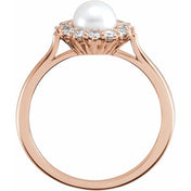 14K Rose Cultured White Freshwater Pearl & 3/8 CTW Natural Diamond Ring