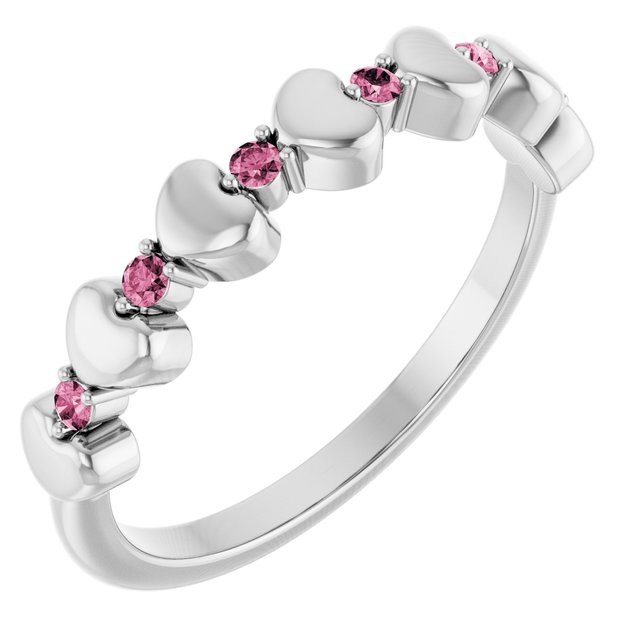 14K White Natural Pink Tourmaline Heart Stackable Ring