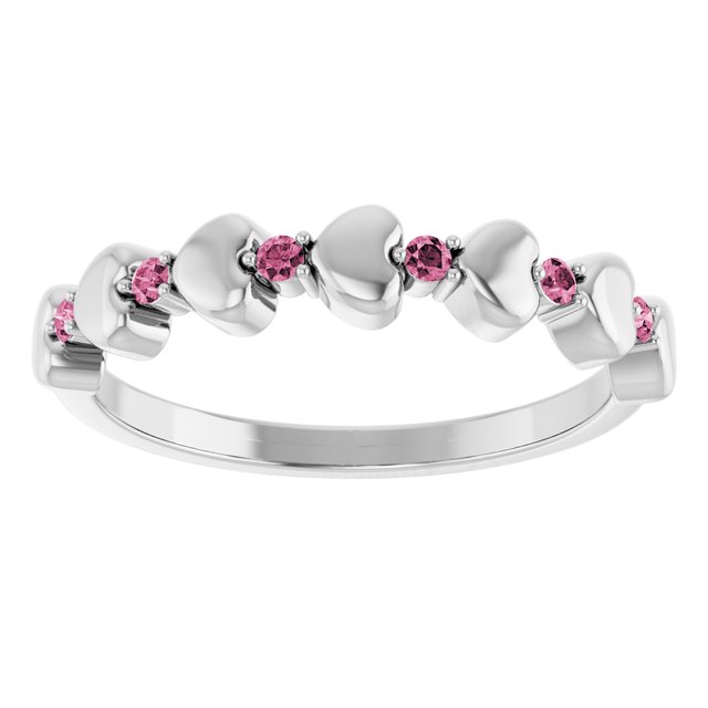 14K White Natural Pink Tourmaline Heart Stackable Ring