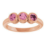 14K Rose Natural Pink Tourmaline Three-Stone Ring
