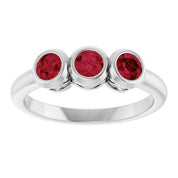 14K White Natural Ruby Three-Stone Ring