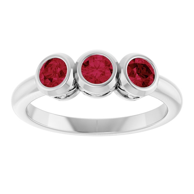 14K White Natural Ruby Three-Stone Ring