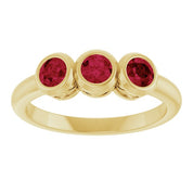 14K Yellow Lab-Grown Ruby Three-Stone Bezel-Set Ring