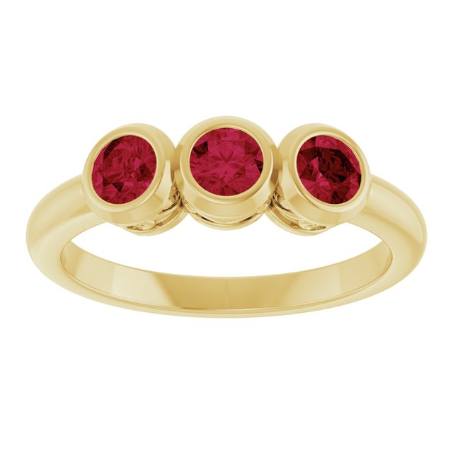 14K Yellow Lab-Grown Ruby Three-Stone Bezel-Set Ring