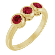 14K Yellow Lab-Grown Ruby Three-Stone Bezel-Set Ring