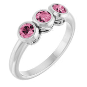 Sterling Silver Natural Pink Tourmaline Three-Stone Ring