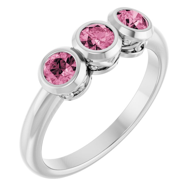 Sterling Silver Natural Pink Tourmaline Three-Stone Ring