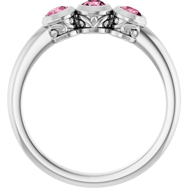 Sterling Silver Natural Pink Tourmaline Three-Stone Ring