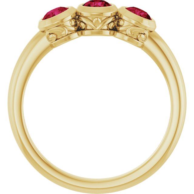 14K Yellow Lab-Grown Ruby Three-Stone Bezel-Set Ring