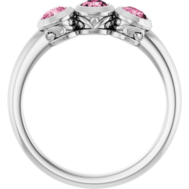 Sterling Silver Natural Pink Tourmaline Three-Stone Ring