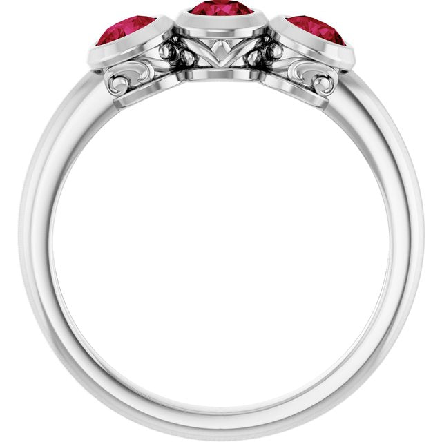 14K White Natural Ruby Three-Stone Ring