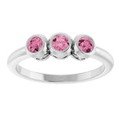 14K White Natural Pink Tourmaline Three-Stone Ring