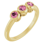 14K Yellow Natural Pink Tourmaline Three-Stone Ring