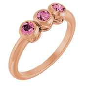 14K Rose Natural Pink Tourmaline Three-Stone Ring