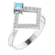 Sterling Silver Natural Aquamarine & 1/5 CTW Natural Diamond Geometric Ring