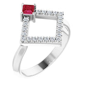 14K White Natural Ruby & 1/5 CTW Natural Diamond Geometric Ring