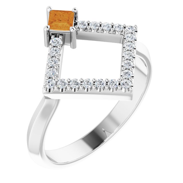 14K White Natural Citrine & 1/5 CTW Natural Diamond Geometric Ring
