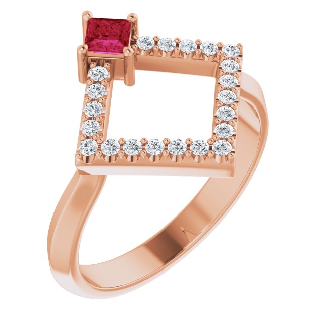 14K Rose Natural Ruby & 1/5 CTW Natural Diamond Geometric Ring
