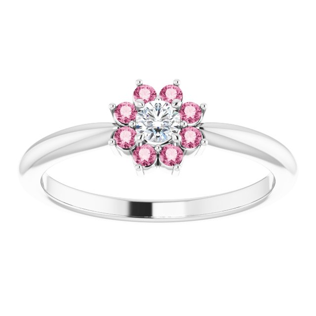 Sterling Silver Natural Pink Tourmaline & .06 CT Natural Diamond Flower Ring
