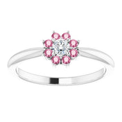 Platinum Natural Pink Tourmaline & .06 CT Natural Diamond Flower Ring