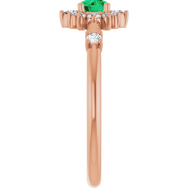 14K Rose Lab-Grown Emerald & 1/6 CTW Natural Diamond Halo-Style Ring
