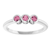 14K White Natural Pink Tourmaline Three-Stone Ring