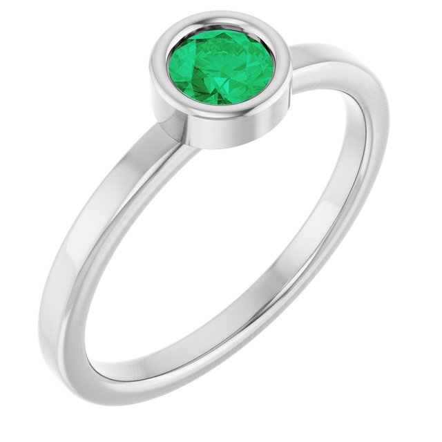 Rhodium-Plated Sterling Silver 4.5 mm Lab-Grown Emerald Ring