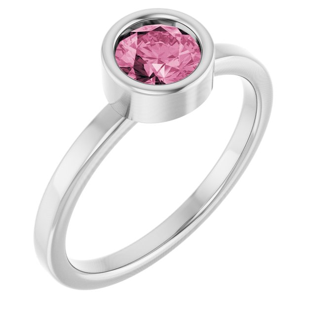 Rhodium-Plated Sterling Silver 5.5 mm Natural Pink Tourmaline Ring