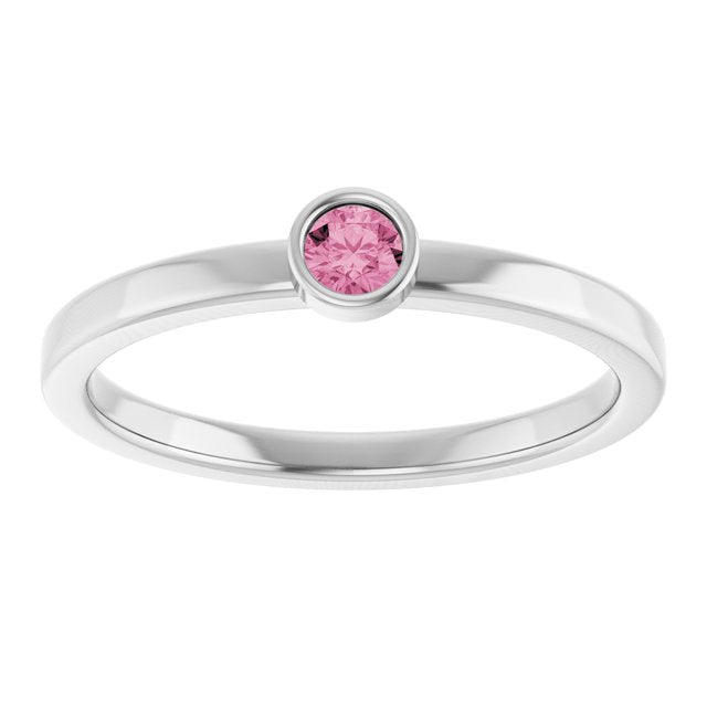 Rhodium-Plated Sterling Silver 3 mm Natural Pink Tourmaline Ring