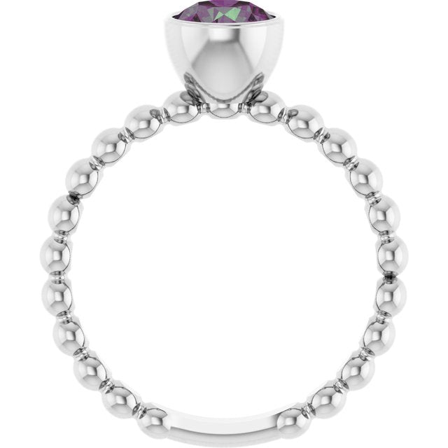 14K White Lab-Grown Alexandrite Family Beaded Stackable Ring