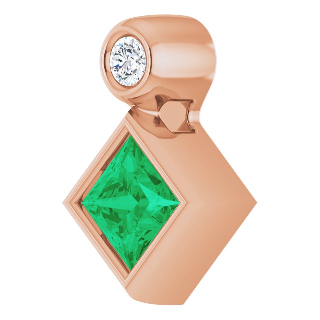 14K Rose 4x4 mm Square Lab-Grown Emerald & .03 CT Natural Diamond Pendant