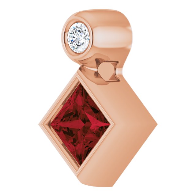 14K Rose 4x4 mm Square Natural Mozambique Garnet & .03 CT Natural Diamond Pendant